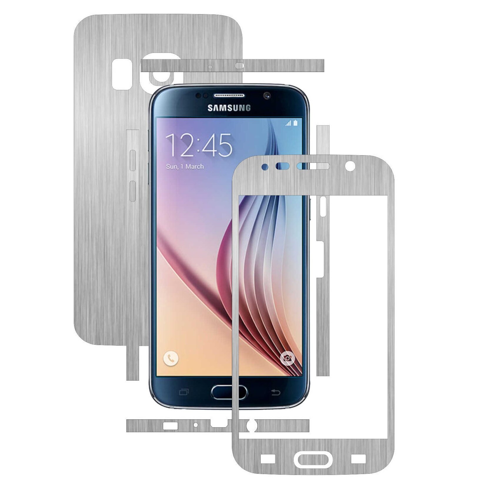 Samsung Galaxy S6 - Folie Full Body Carbon Skinz,Husa tip Skin Protectie Totala, (Folie Rama Ecran + Folie Carcasa si Laterale),Brushed Argintiu