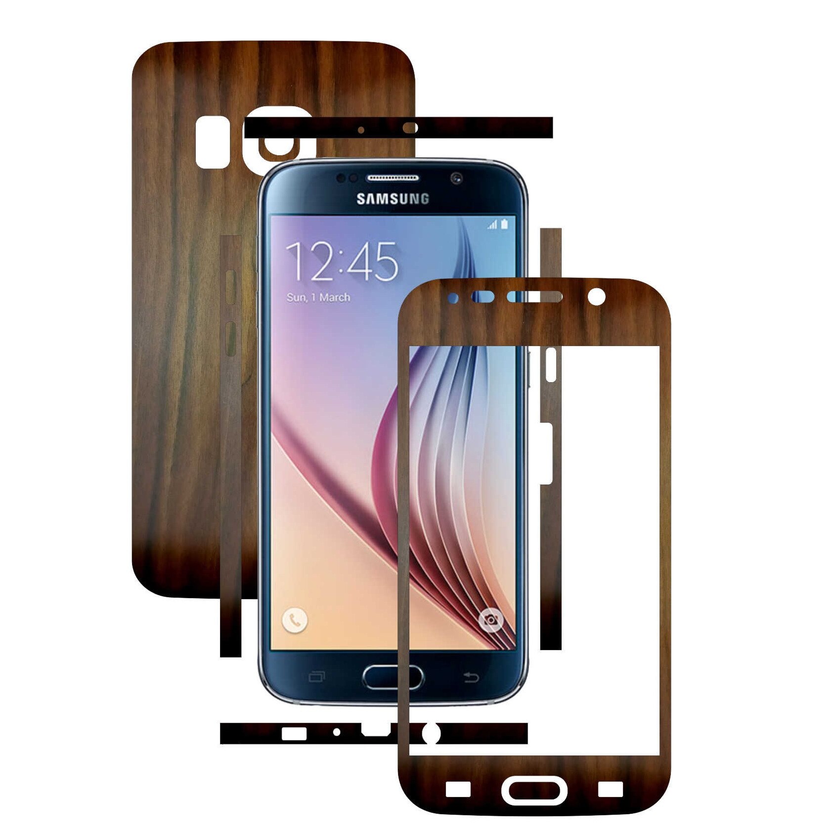 Samsung Galaxy S6 - Folie Full Body Carbon Skinz,Husa tip Skin Protectie Totala, (Folie Rama Ecran + Folie Carcasa si Laterale),Lemn Nuc Inchis