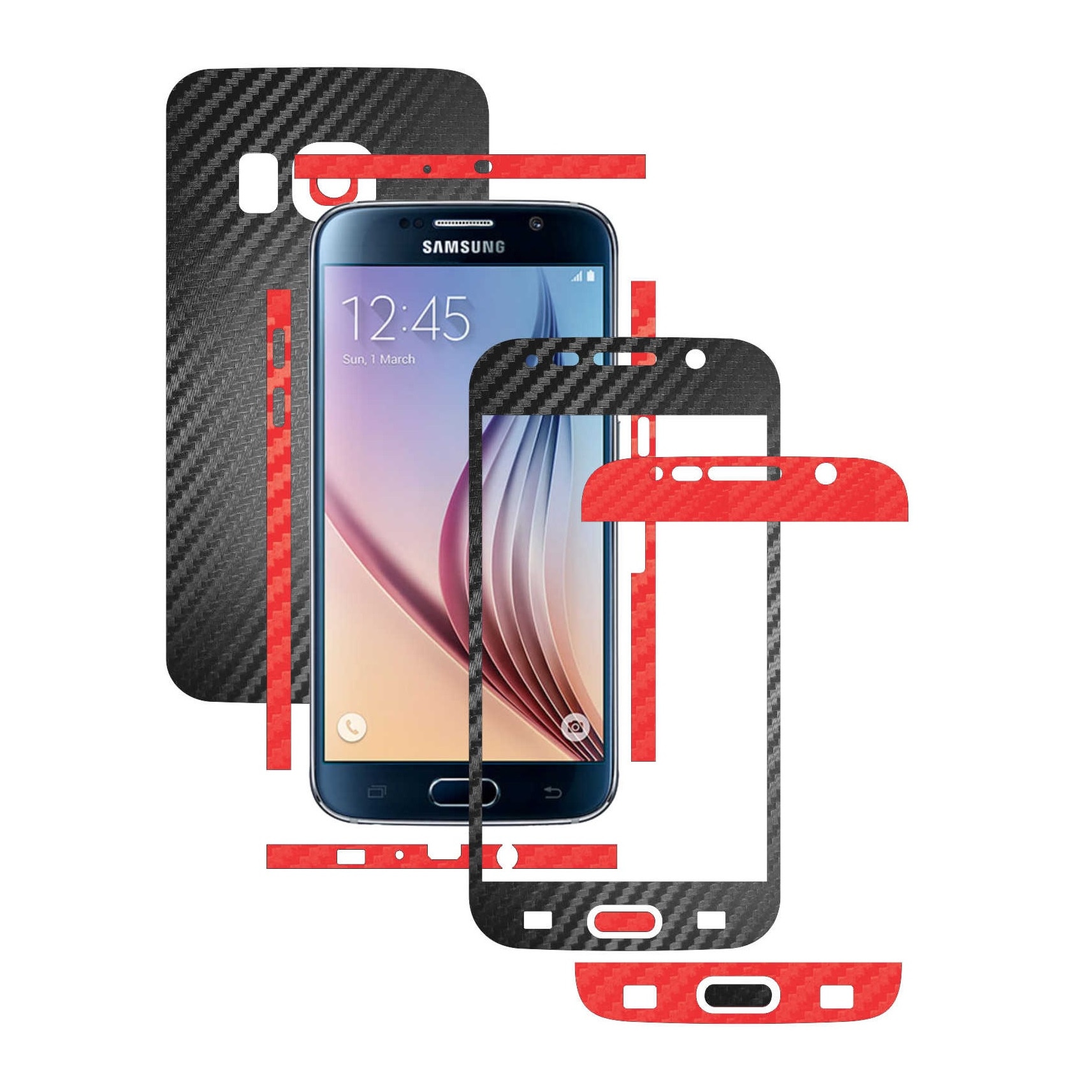 Samsung Galaxy S6 - Folie Full Body Carbon Skinz,Husa tip Skin Protectie Totala, (Folie Rama Ecran + Folie Carcasa si Laterale),Two Tone Negru/Rosu