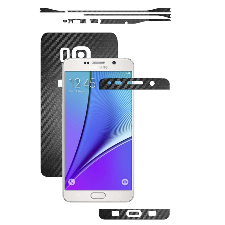 Samsung Galaxy Note 5 – teljes testű karbon Skinz fólia, teljes védelmet nyújtó bőrtípusú burkolat, (képernyőkeret fólia + tok és oldalsó fólia), fekete szén