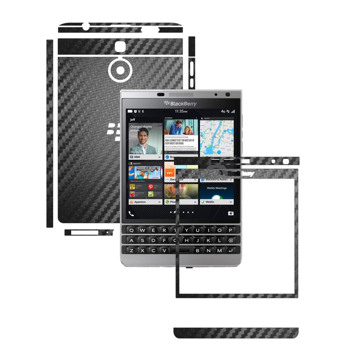 BlackBerry Passport Silver Edition - Folie Full Body Carbon Skinz,Husa tip Skin Protectie Totala, (Folie Rama Ecran + Folie Carcasa si Laterale),Carbon Negru