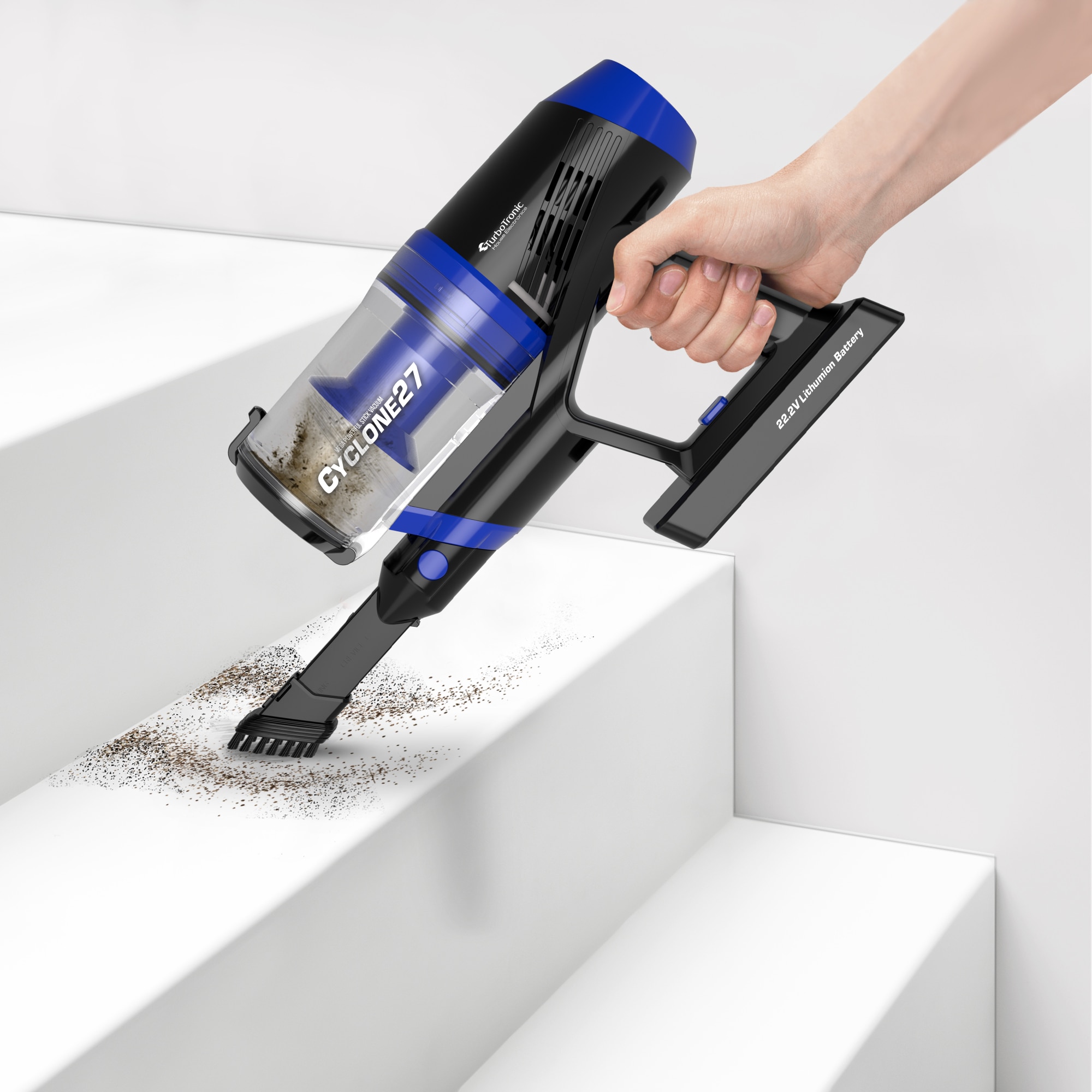Aspirator portabil 2in1 TurboTronic TT-C27 Ultra-Light Stick, 0.9l, baterie Li-ion,,22,2V, 32 minute autonomie, negru/albastru