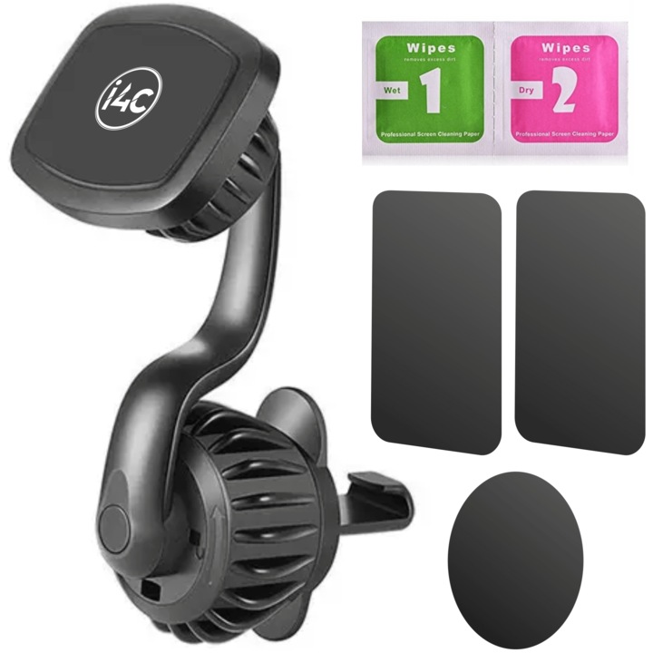 Suport auto magnetic pentru telefon cu prindere in grila de ventilatie cu sistem inovativ clip-carlig, rotativ 360 grade, UNIVERSAL, Ideas4Comfort, negru-argintiu