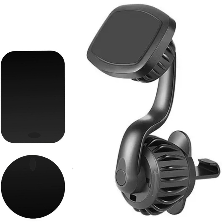 Suport auto magnetic pentru telefon cu prindere in grila de ventilatie cu sistem inovativ clip-carlig, rotativ 360 grade, UNIVERSAL, Ideas4Comfort, negru-argintiu
