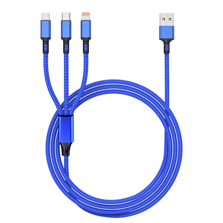 Töltőkábel 2,4A, 1,2m, 3 az 1-ben, Bimkole, USB A-USB-C, Lightning Type, Micro-USB, nylon szövet, kék