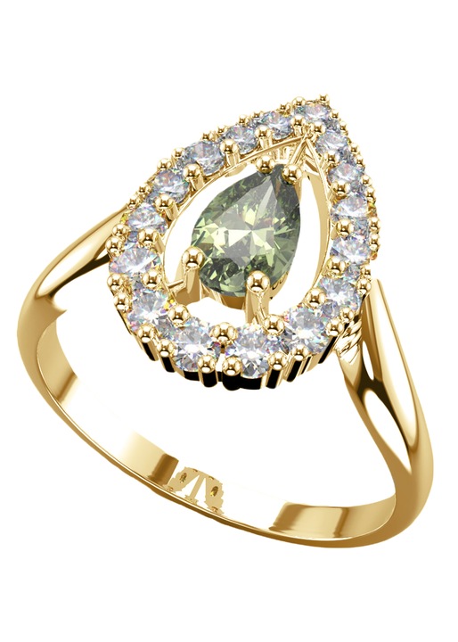 Inel Queen cu moldavit si zircon din aur galben