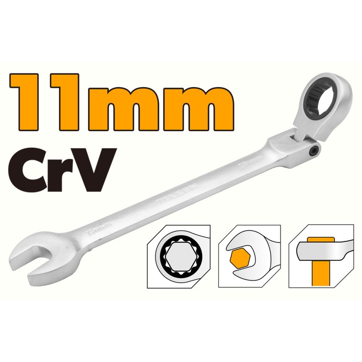 Cheie combinata cu clichet cap flexibil TOLSEN 11 mm, Cr-V, finisaj cromat, otel crom-vanadiu, ideala pentru spatii inguste si lucrari de precizie