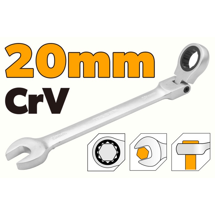 Cheie combinata cu clichet cap flexibil TOLSEN 20 mm, Cr-V, finisaj cromat, otel crom-vanadiu, ideala pentru spatii inguste si lucrari de precizie
