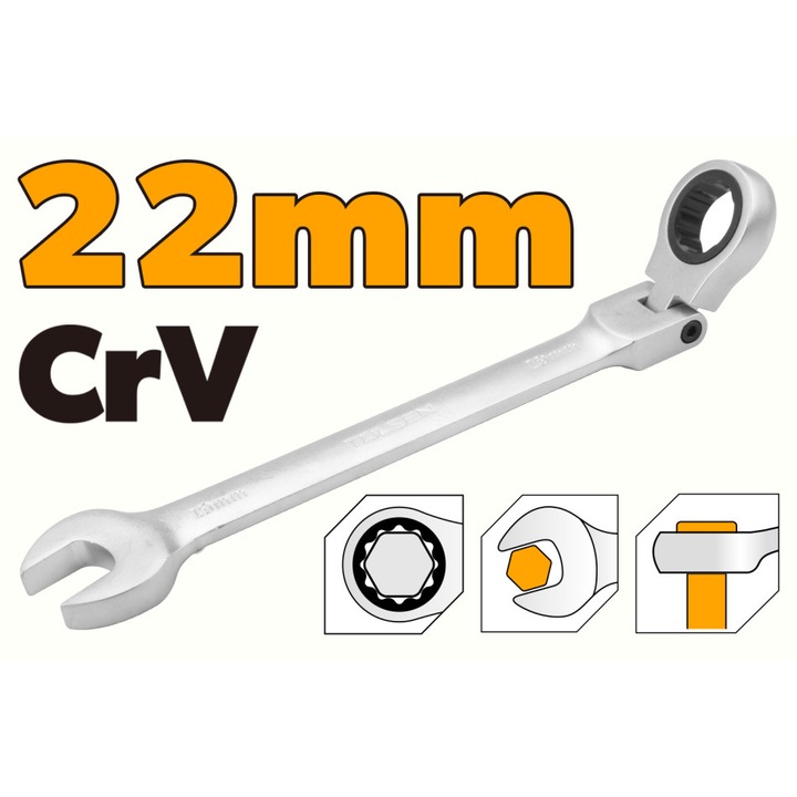Cheie combinata cu clichet cap flexibil TOLSEN 22 mm, Cr-V, finisaj cromat, otel crom-vanadiu, ideala pentru spatii inguste si lucrari de precizie