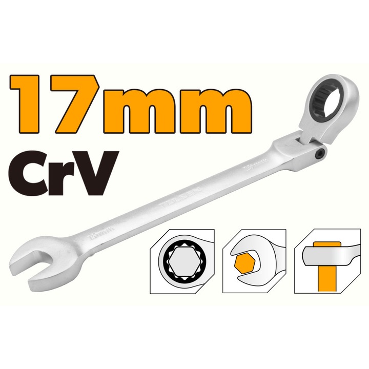Cheie combinata cu clichet cap flexibil TOLSEN 17 mm, Cr-V, finisaj cromat, otel crom-vanadiu, ideala pentru spatii inguste si lucrari de precizie