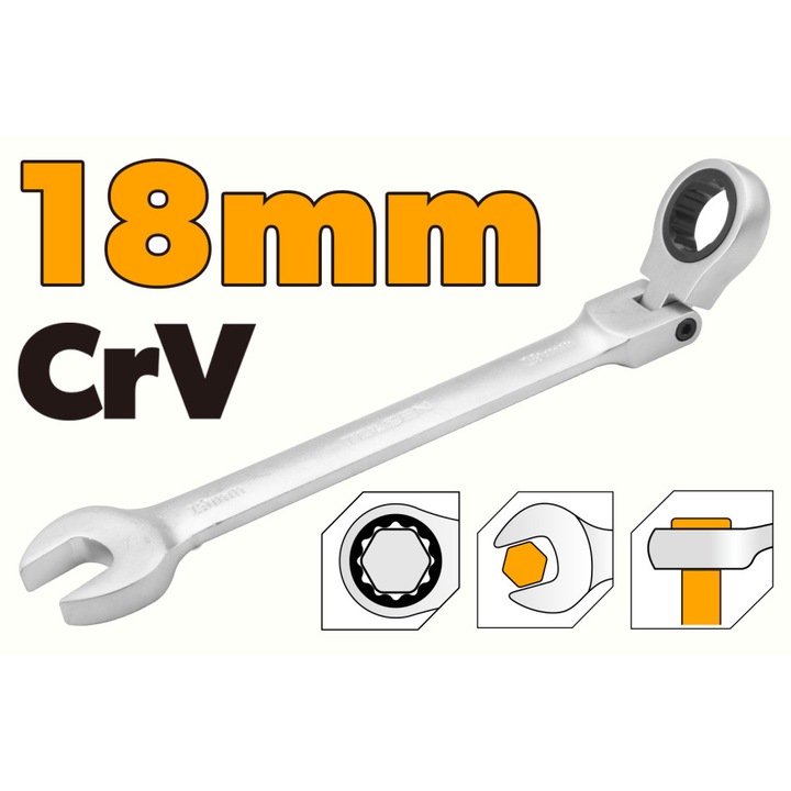 Cheie combinata cu clichet cap flexibil TOLSEN 18 mm, Cr-V, finisaj cromat, otel crom-vanadiu, ideala pentru spatii inguste si lucrari de precizie