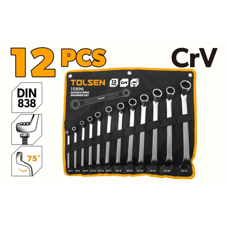 Set 12 chei inelare duble TOLSEN, Cr-V, 6x7–30x32 mm, Cromate cu finisaj mat, Standard DIN838, Rezistenta si precizie ridicata, Ambalaj tip husa, Ideal pentru uz profesional
