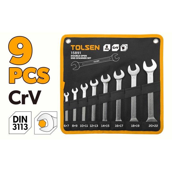 Set 8 chei duble deschise TOLSEN, Cr-V, 6x7–20x22 mm, Cromate cu finisaj mat, Standard DIN3113, Rezistenta si durabilitate ridicata, In husa cu cutie, Pentru uz profesional, Cr-V tratat termic, finisaj crom mat durabil, durabilitate si precizie ridicate