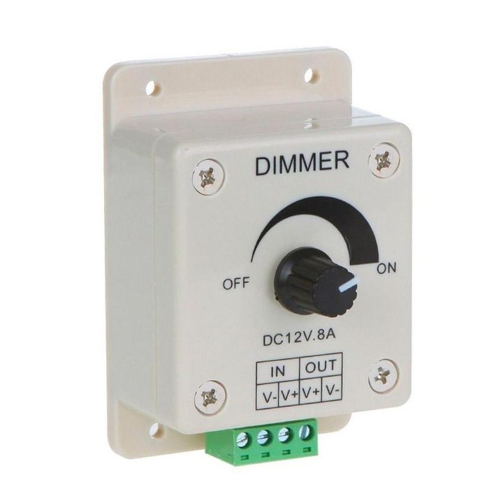 Dimmer LED, Regulator 12 - 24 V, 8A, 96 W, PWM, 90 x 60 x 37 mm, Alb, Negru, Verde