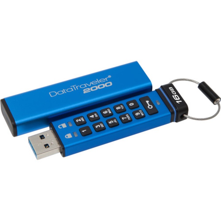 Memorie USB Kingston DataTraveler 2000 256bit AES Hardware Encrypted, 16 GB, USB 3.0