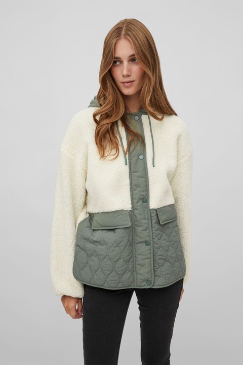 Vila, Jacheta cu gluga si detalii din blana shearling sintetica, Alb/Verde feriga, XS