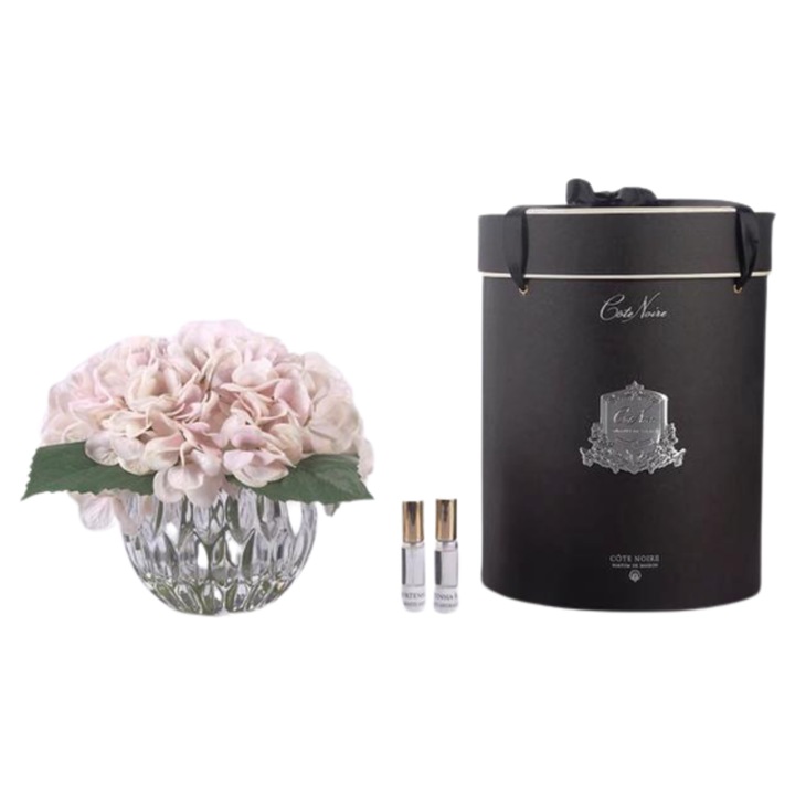 Parfumant camera, cu rezerve de parfum si flori matase, Hortensii roz, 15 cm, 20 ml
