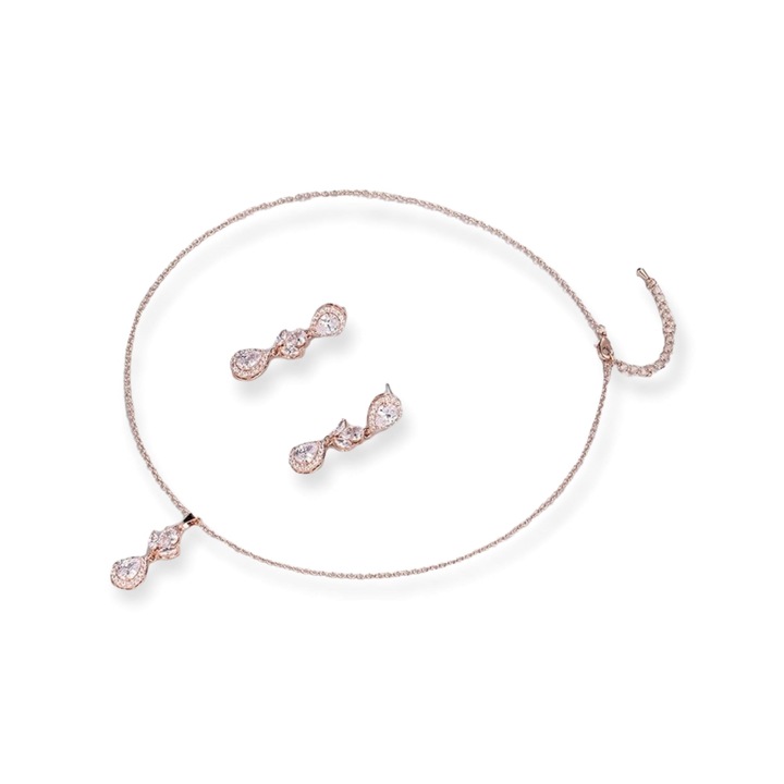 Set bijuterii Amanda Rose Gold, cercei si lantisor cu pandantiv asortat, cristale de Zirconiu, crystal, Madamme Bijoux