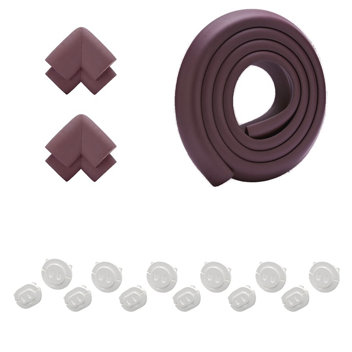 Kit de siguranta pentru copii, 4 colturi, 1 banda, 12 capace de priza, maro