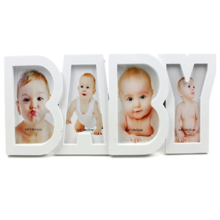 Baba képkeret, fehér, kollázs 4 fénykép 10x15cm, 18x45x3 cm, Egyedi