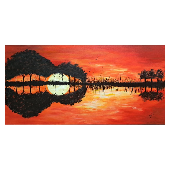 Tablou pictat manual, Rasarit de soare in acorduri de chitara, 100x50cm