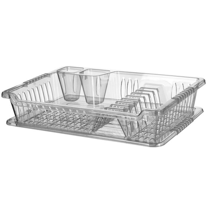 Suport din plastic pentru scurgerea vaselor cu tava de colectare, Transparent, 40 x 29 x 9 cm