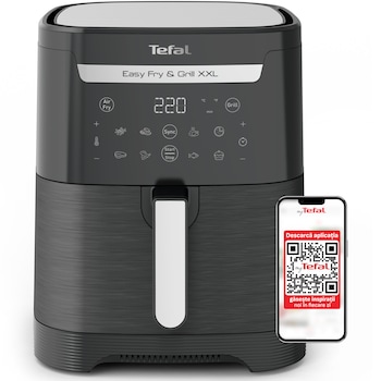 Friteuza cu aer cald Tefal EasyFry & Grill XXL air fryer EY801815, 1830W, capacitate 6.5L, functie grill, 8 programe, 2 zone de gatire, tehnologie Extra Crisp, functie Sync, invelis antiaderent, negru