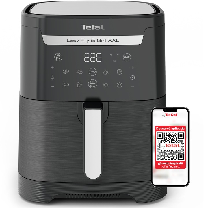 Friteuza cu aer cald Tefal EasyFry & Grill XXL air fryer EY801815, 1830W, capacitate 6.5L, functie grill, 8 programe, 2 zone de gatire, tehnologie Extra Crisp, functie Sync, invelis antiaderent, negru