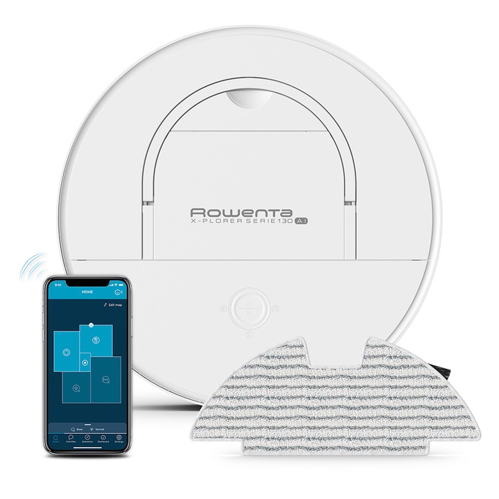 Rowenta X-Plorer S130 AI RR9067WH Robotporszívó, 32 W, 4 in 1, Smart Exploration Technology, 120 perc autonómia, Töltőállomás, 0.5 l, 0.15 l víztartály, Fehér