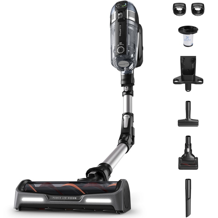 Вертикална прахосмукачка Rowenta X-Force Flex 14.60 RH9958WA, 480W, 32.4V, Автономност 70 мин, Филтрация 99,9%, Контейнер за прах 0,9 л, Гъвкава тръба, LED четка, Дигитален панел SmartControl, Сменяема батерия, Конзола за стена със зареждане, Черен/Сив