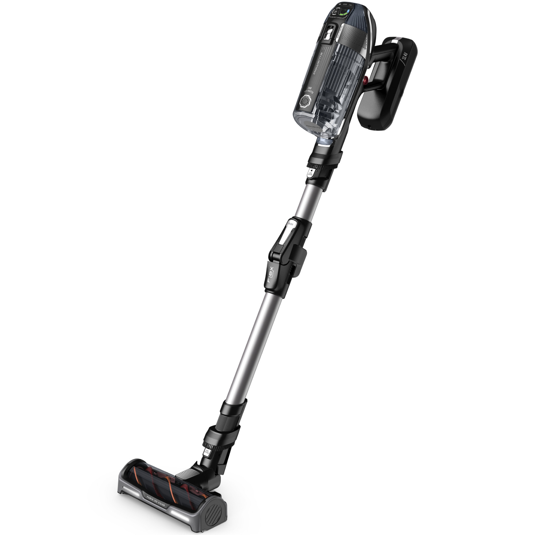 Aspirator vertical fara fir Rowenta X-Force Flex 14.60 RH9958WA, 480W, 32.4V, autonomie 70 min, filtrare 99.9%, recipient praf 0.9 L, tub flexibil, perie cu LED, panou digital SmartControl, acumulator detasabil, suport de perete cu incarcare, negru & gri