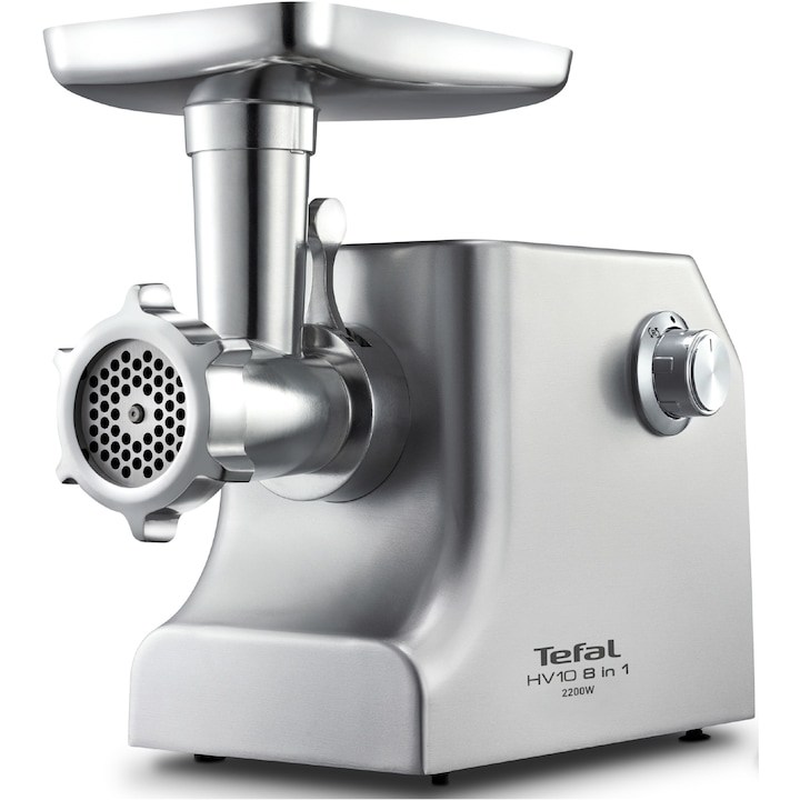 Masina de tocat carne Tefal HV10 NE858D38, 2200 W, 5.5 kg/min, 8 in 1, Functie Reverse, 3 grile inox, Argintiu