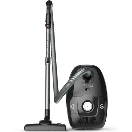 Aspirator cu sac Rowenta Green Force Max Silence RO6136EA, 750W, 70% plastic reciclat, 3 niveluri de filtrare, sac Hygiene+, lungime cablu 8.4m, recipient praf 4.5L, perie EasyBrush, indicator umplere sac, Negru/ argintiu