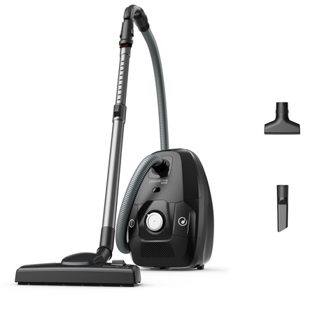 Aspirator cu sac Rowenta Green Force Max Silence RO6136EA, 750W, 70% plastic reciclat, 3 niveluri de filtrare, sac Hygiene+, lungime cablu 8.4m, recipient praf 4.5L, perie EasyBrush, indicator umplere sac, Negru/ argintiu