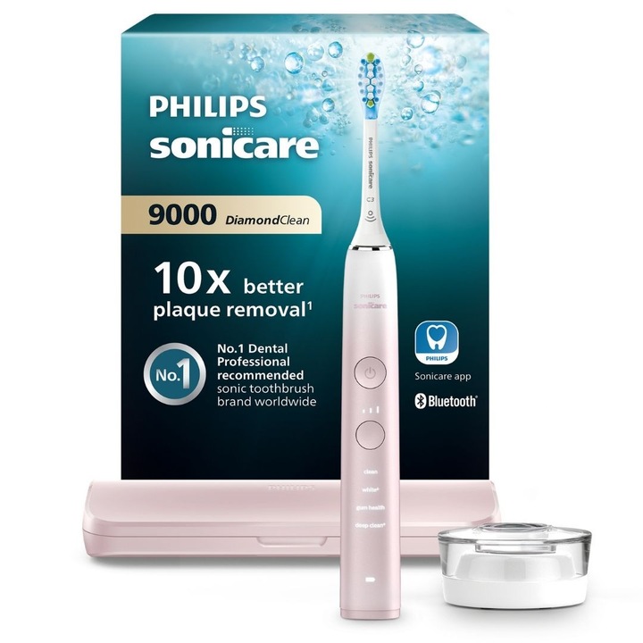Електрическа четка за зъби Philips Sonicare DiamondClean 9000 HX9911/84, 62000 уд/мин, 4 режима на почистване, 3 нива на интензитет, Сензор за натиск, Функция BrushSync, Приложение Sonicare, Безжичен Bluetooth, Куфар за носене, База за зареждане, Розов