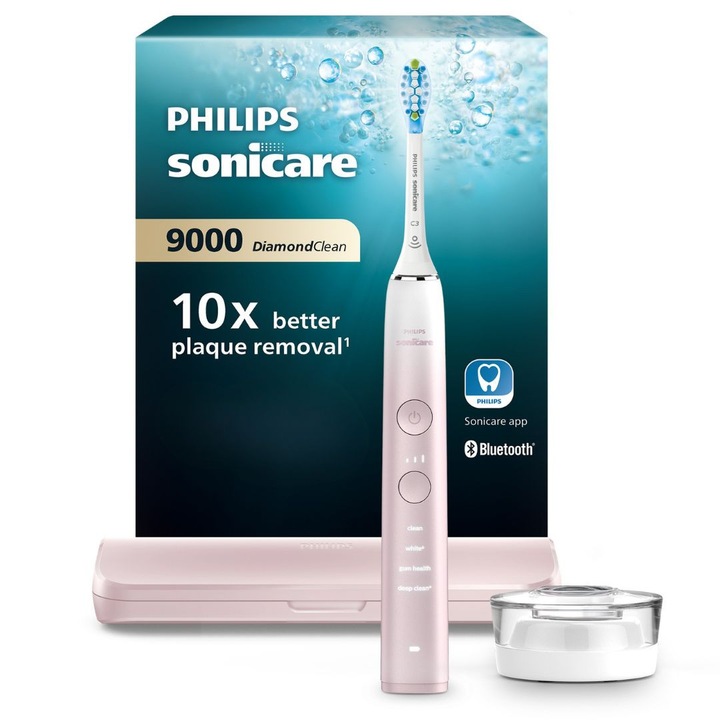 Periuta de dinti electrica Philips Sonicare DiamondClean 9000 HX9911/84, 62000 miscari/min, 4 moduri de curatare, 3 nivele intensitate, senzor presiune, functia BrushSync, aplicatie Sonicare, wireless Bluetooth, toc transport, baza de incarcare, Roz