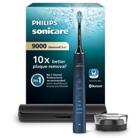 Periuta de dinti electrica Philips Sonicare DiamondClean 9000 HX9911/88, 62000 miscari/min, 4 moduri de curatare, 3 nivele intensitate, senzor presiune, functia BrushSync, aplicatie Sonicare, wireless Bluetooth, toc transport, baza de incarcare, Acvamarin
