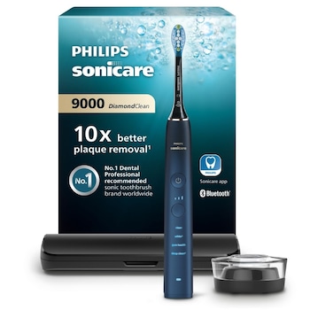 Periuta de dinti electrica Philips Sonicare DiamondClean 9000 HX9911/88, 62000 miscari/min, 4 moduri de curatare, 3 nivele intensitate, senzor presiune, functia BrushSync, aplicatie Sonicare, wireless Bluetooth, toc transport, baza de incarcare, Acvamarin