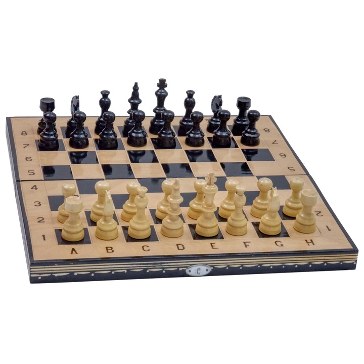 Joc Sah si Table din Lemn ROmde™, 38x38 cm, Negru cu Alb, Numerotat Alfanumeric