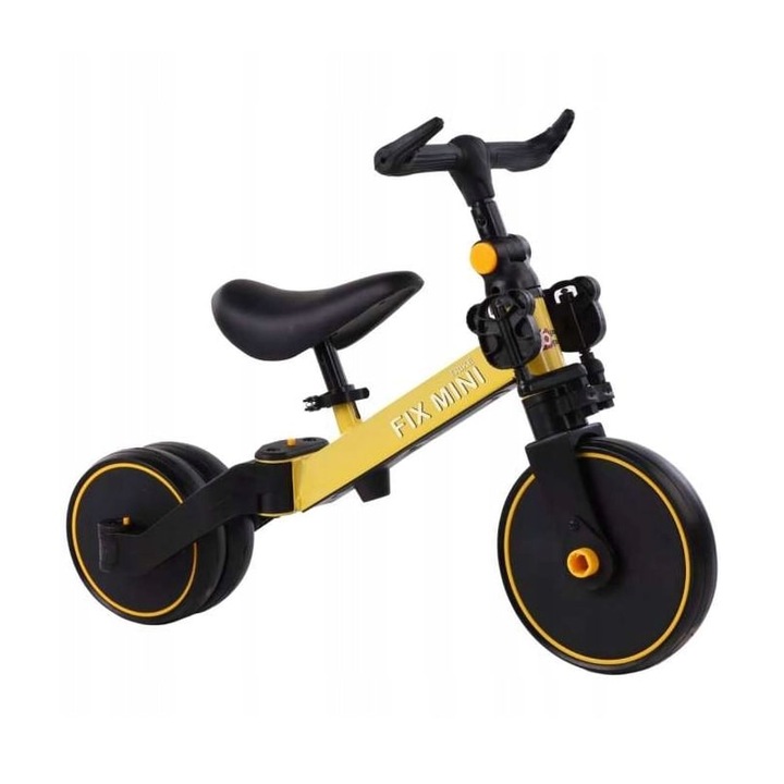 Триколка 3 в 1, подвижни педали, нормално или балансирано ходене, жълт цвят, фиксиран мини