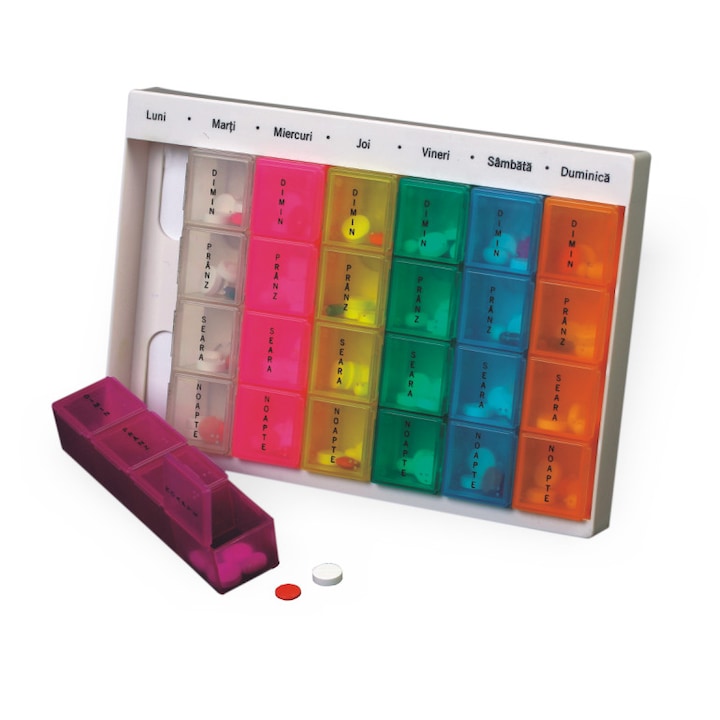 Organizator medicamente XL, Saptamanal, Plastic, 23 x 16 x 4 cm, Multicolor