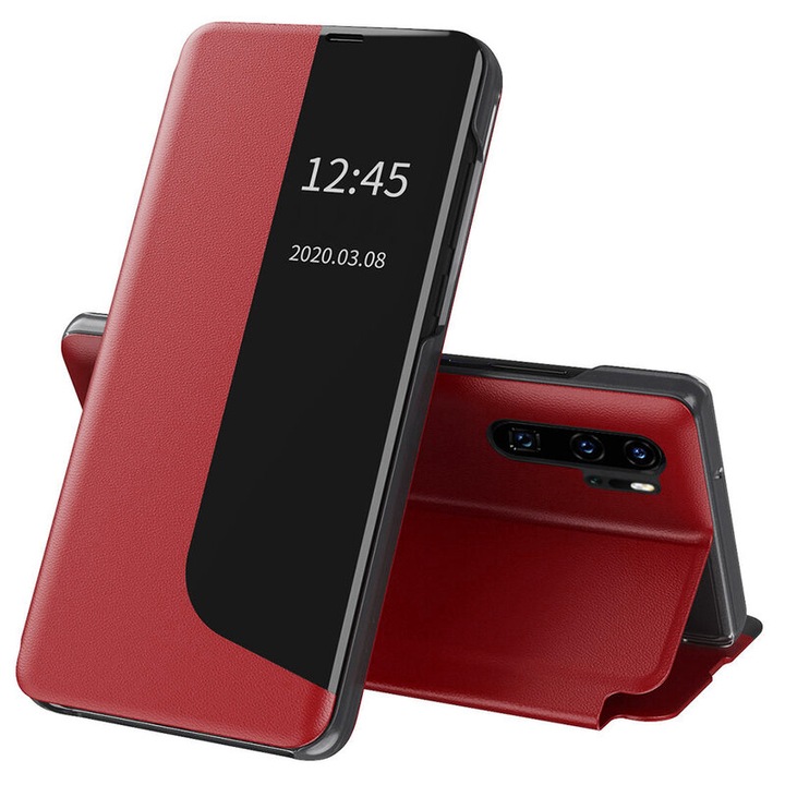 Huawei P30 Pro Smart View tokkal kompatibilis burkolat, állvány funkció, flip / könyv, piros