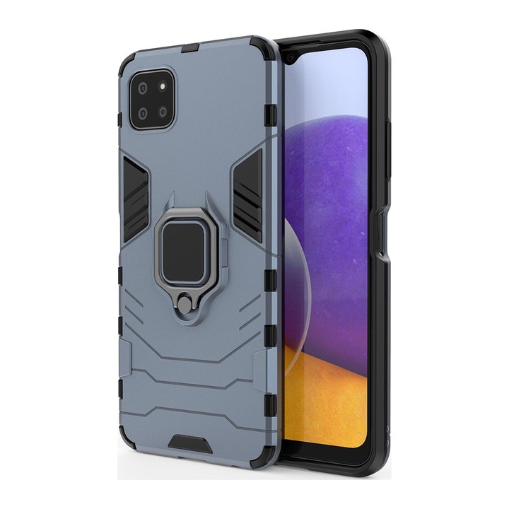 Калъф G-Ring Defender, съвместим със Samsung Galaxy A22 5G, Antishock Armor, въртящ се на 360 градуса пръстен, вграден магнит за поддръжка на кола, TPU + PC, син