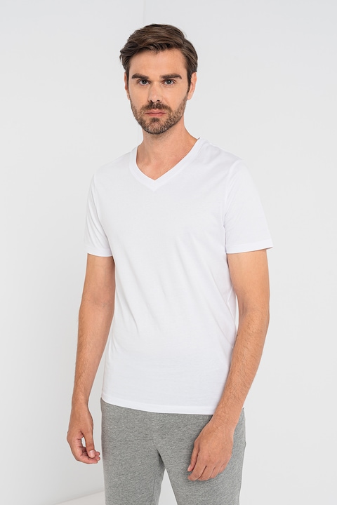 Jack & Jones, Tricou din bumbac organic cu decolteu in V, Alb