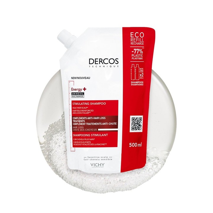 Vichy Dercos Energy + energetizáló sampon, hajhullás elleni kiegészítő kezelés aminexillal, öko formátum, 500 ml