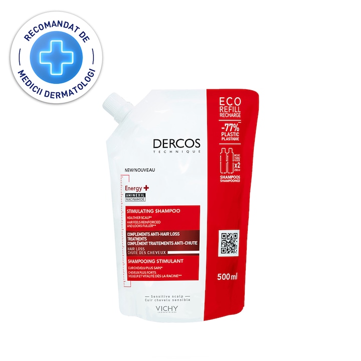 Vichy Dercos Energy + energetizáló sampon, hajhullás elleni kiegészítő kezelés aminexillal, öko formátum, 500 ml