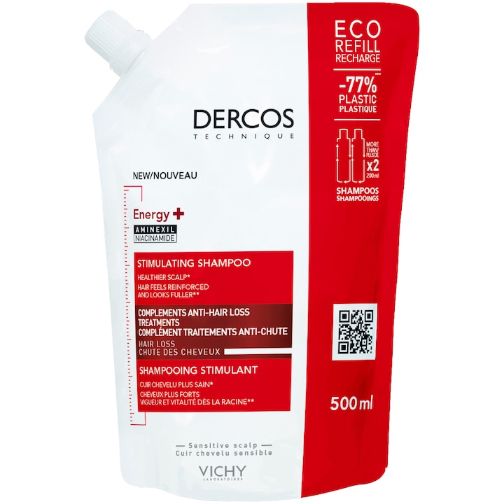Sampon energizant Vichy Dercos Energy +, tratament complementar impotriva caderii parului cu aminexil, format eco, 500 ml