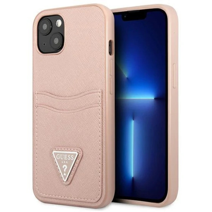Husa Guess Saffiano Double Card compatibila cu iPhone 13, Roz
