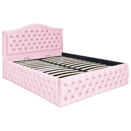 Pat dublu tapitat model Arizona Deluxe 140/200 cm culoare roz cu somiera metalica rabatabila si spatiu de depozitare
