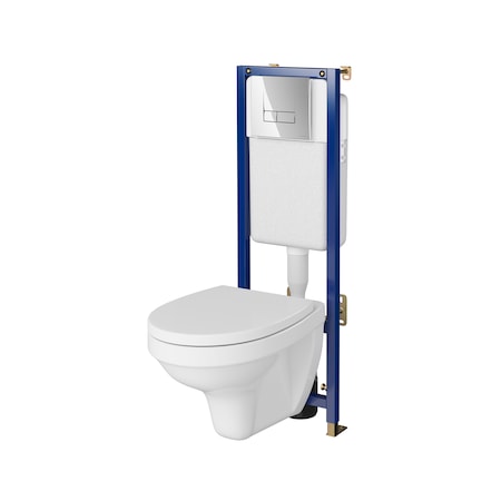 Pachet vas WC suspendat Cersanit 5901771067597, sistem incastrat, buton de actionare SMART crom lucios, rezervor incastrat TECH LINE BASE, vas wc suspendat DELFI, capac wc DELFI din polipropilena
